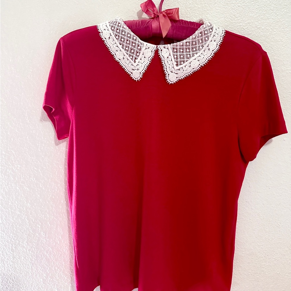 Maison Jules Lace Detail Peter Pan Collar Embellished Top NWOT